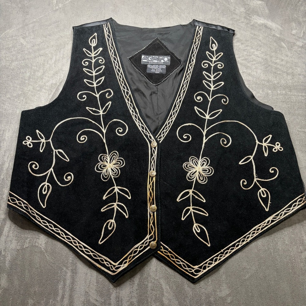 Vtg 90s Agapo Leather Vest Women 22/24 Black Embroidered Western Rodeo Folk Boho